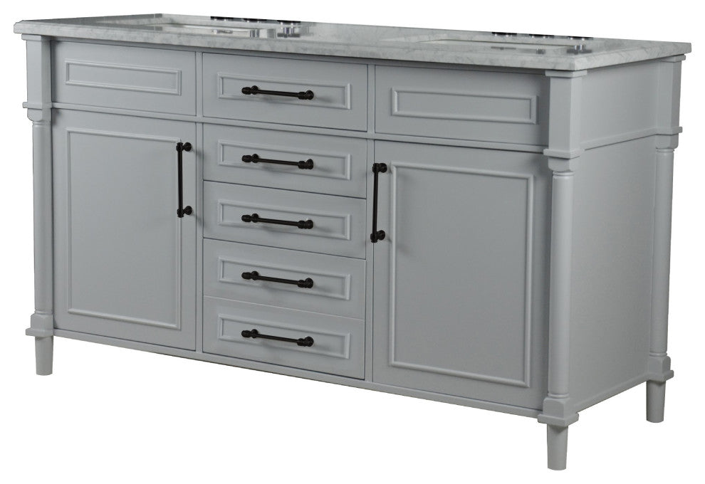 60" Double Vanity, Light Gray With White Carrara Marble Top