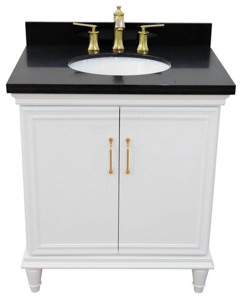 31" Single Vanity, White Finish With Black Galaxy And Oval Sink