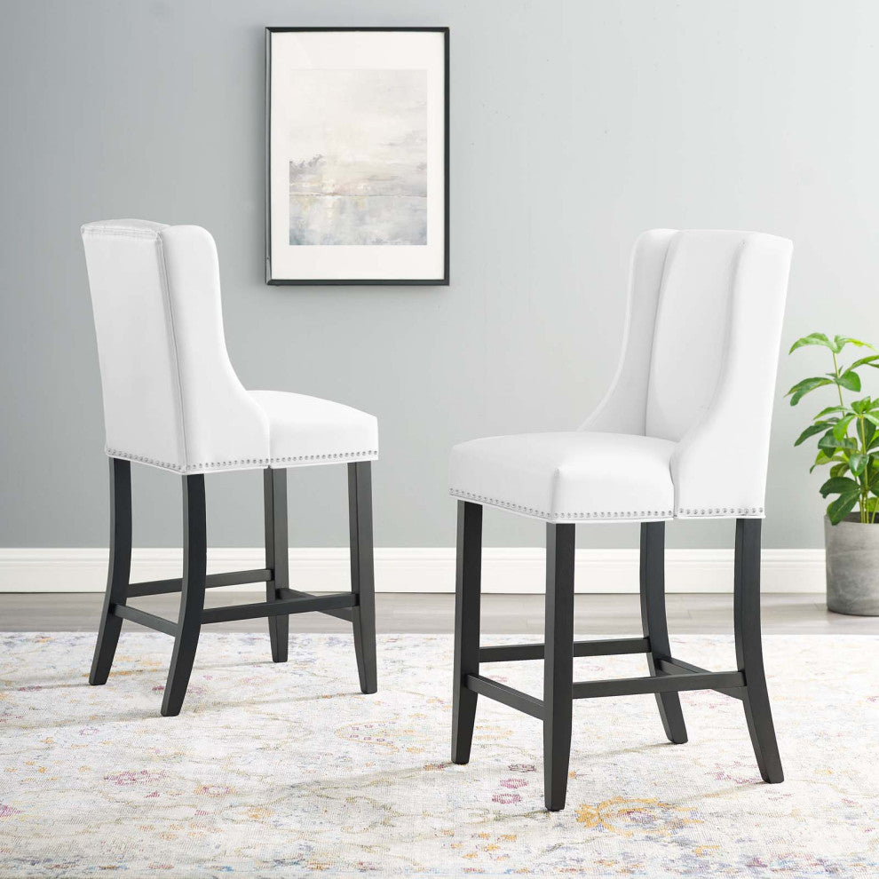 Counter Stool Chair, Set of 2, Faux Leather, Wood, White, Modern, Bar Pub Bistro