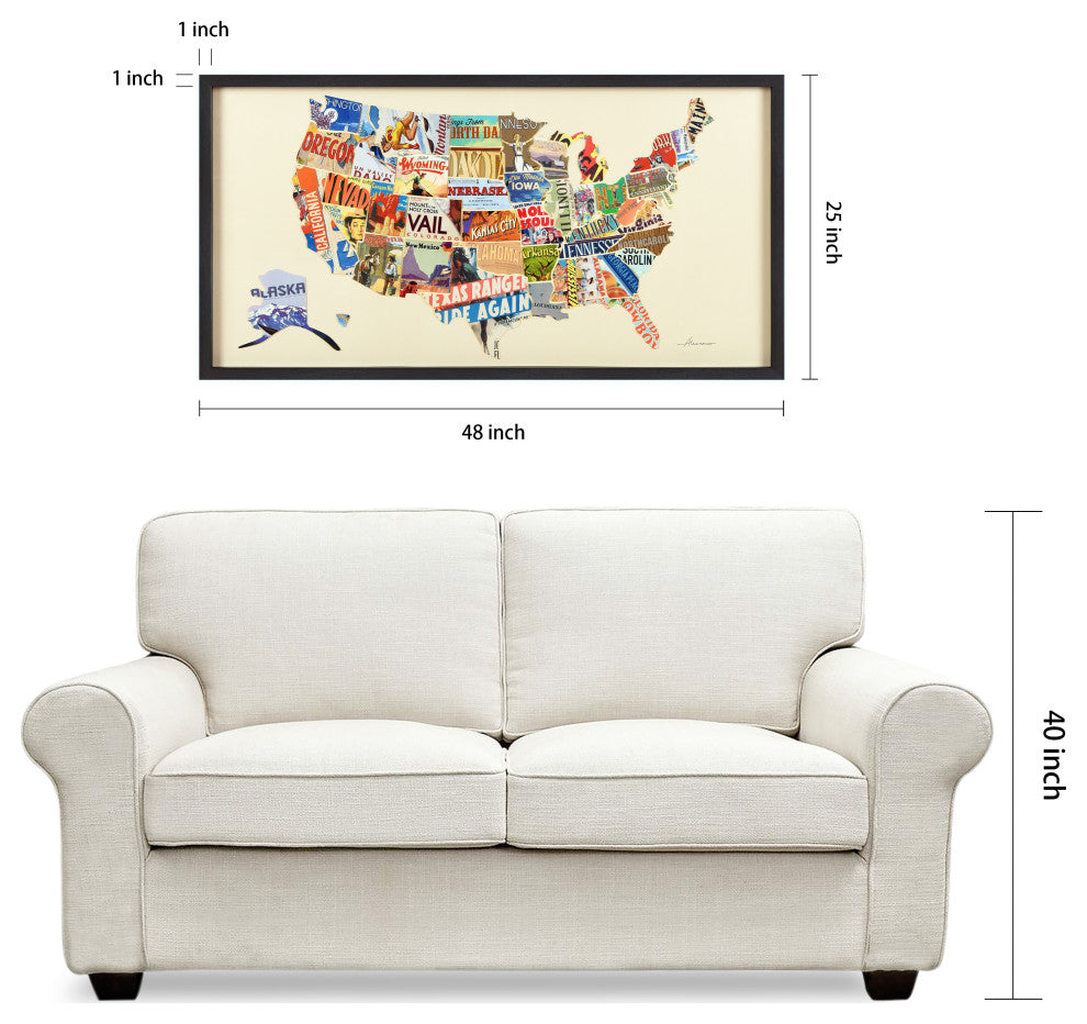 America Map Handmade Dimensional Collage Framed Graphic Wall Art Under Glass Art