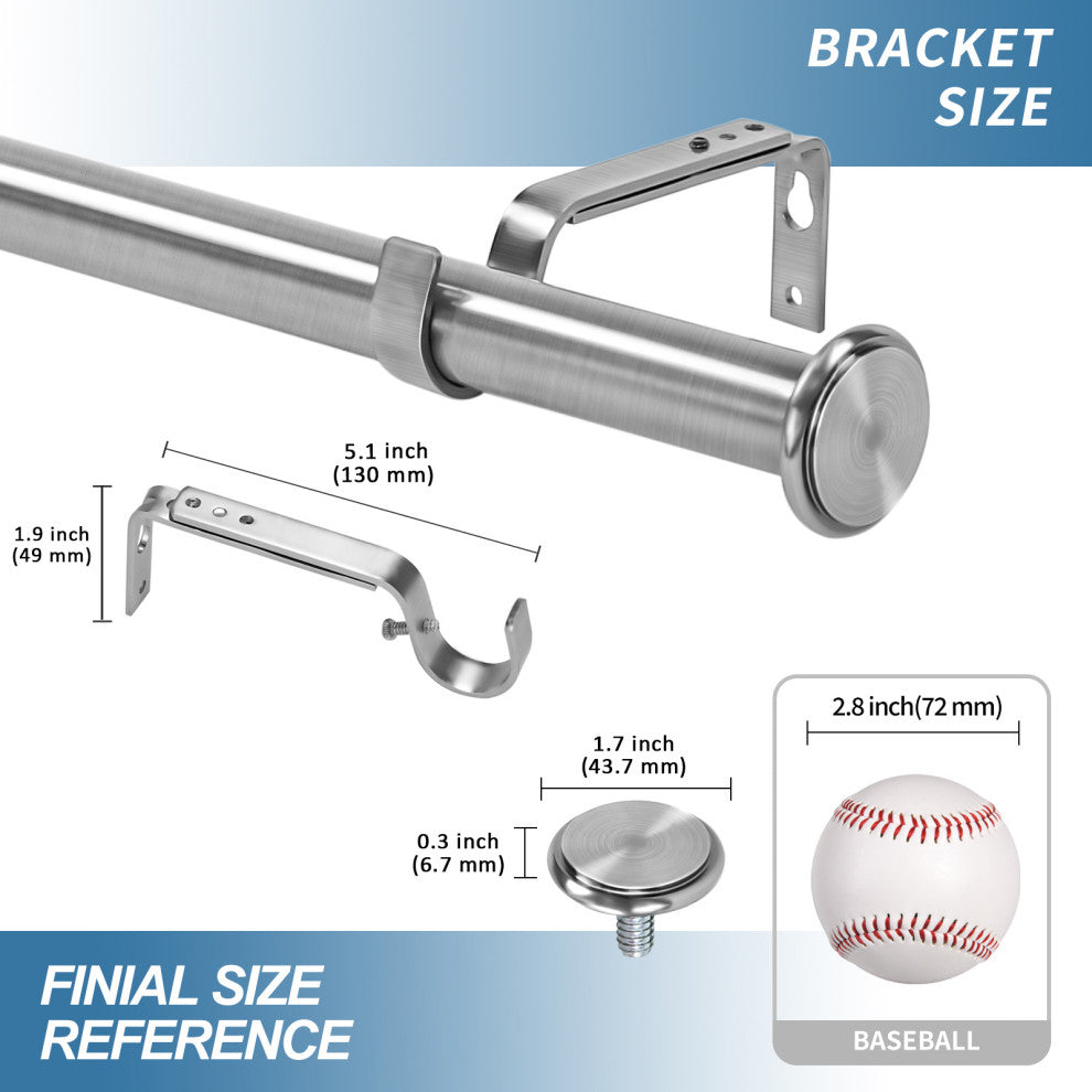1" Bouton Drapery Curtain Rod, Brushed Steel, 48"-84"