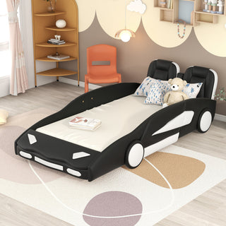 Gewnee Twin Size Race Car-Shaped Platform Bed with Wheels in White, Black
