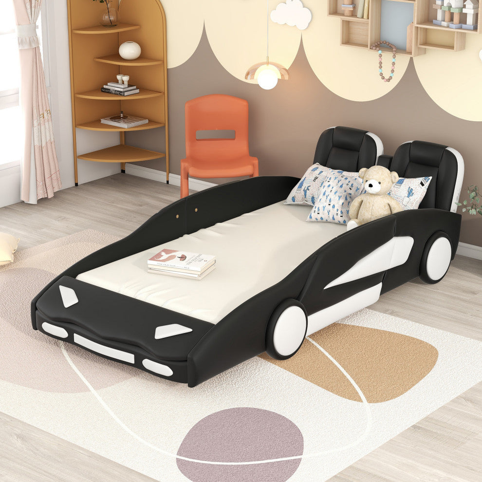 Gewnee Twin Size Race Car-Shaped Platform Bed with Wheels in White, Black