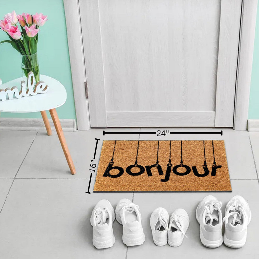 Sheltered Front Door Mat Coir Coco Fibers Rug 24x16, Bonjour