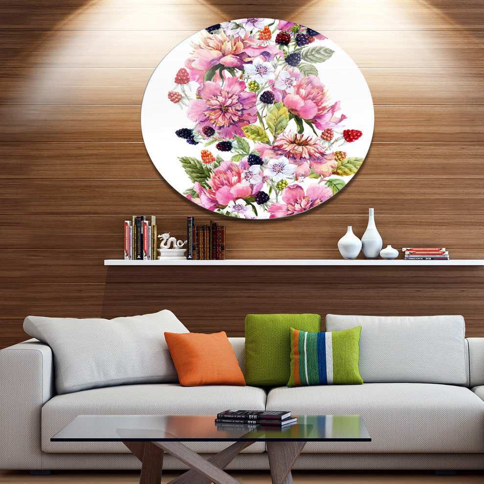 Watercolor Pink Floral Composition, Floral Disc Metal Wall Art, 38"