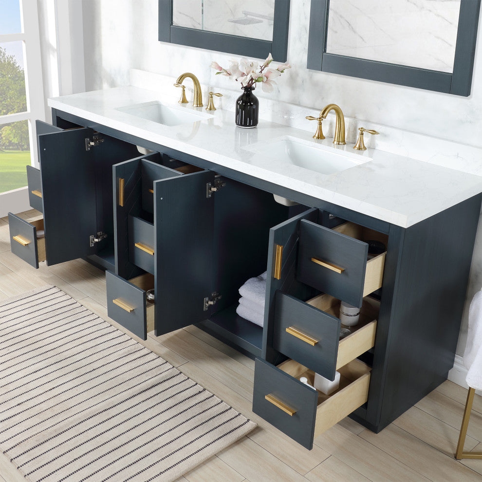 Gazsi Charcoal Blue Bathroom Vanity Set, 84", With Mirror