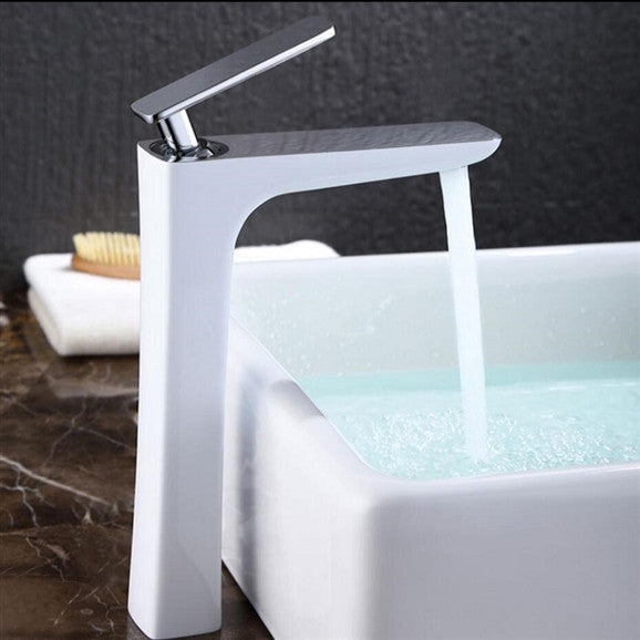 BathSelect Sleek Design White and Chrome Combination Long Deck Faucet
