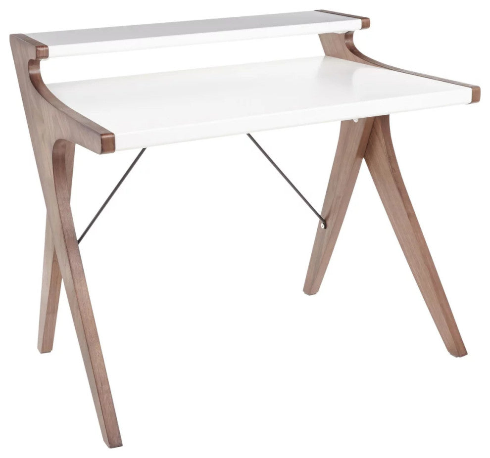Contemporary Desk, X-Shaped Legs With Wooden Top & Open Shelf, Walnut/White