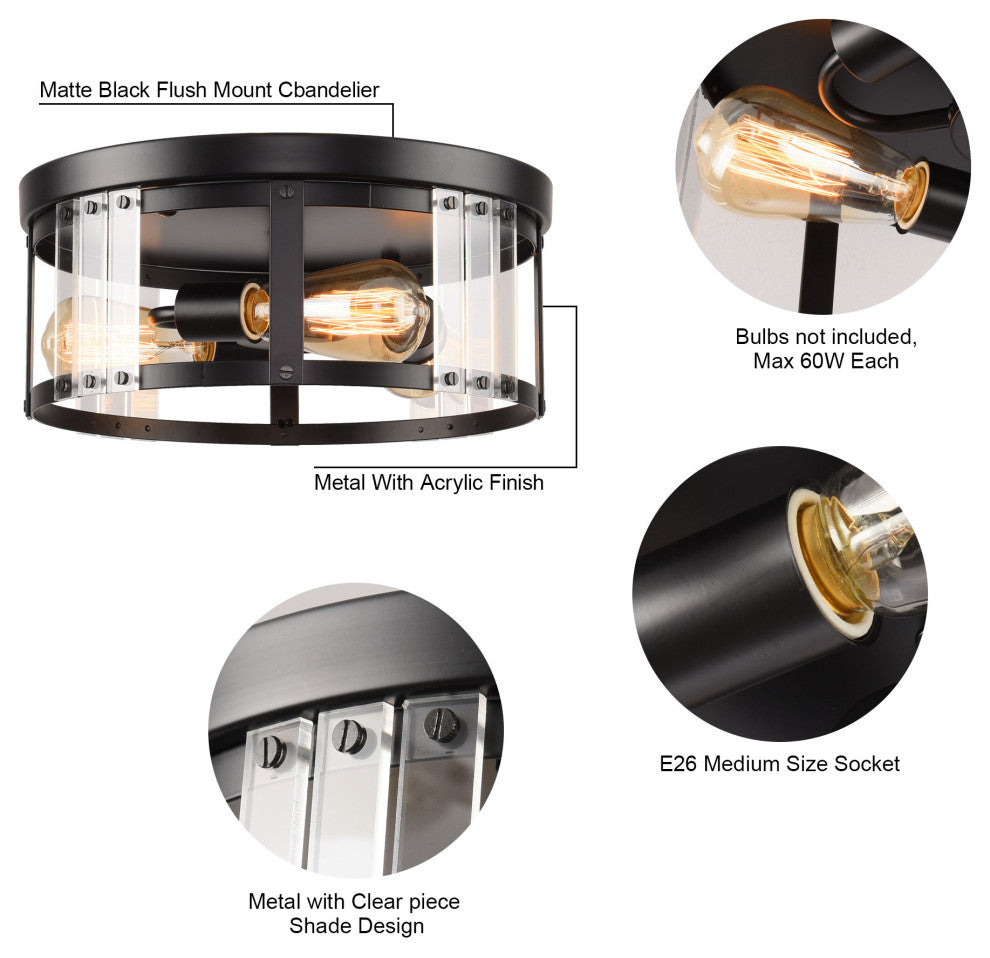 3-light Flush Mount Chandelier with Mental and Acrylic Lampshade
