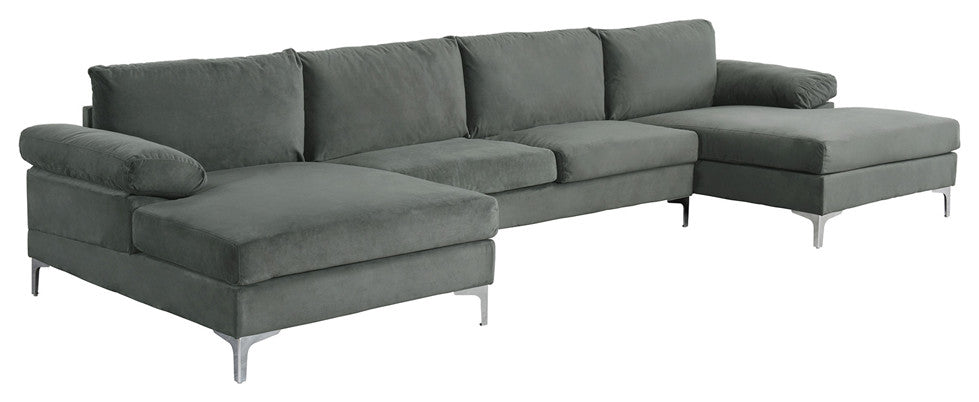 Large Velvet Fabric U-Shape Sectional Sofa, Grey