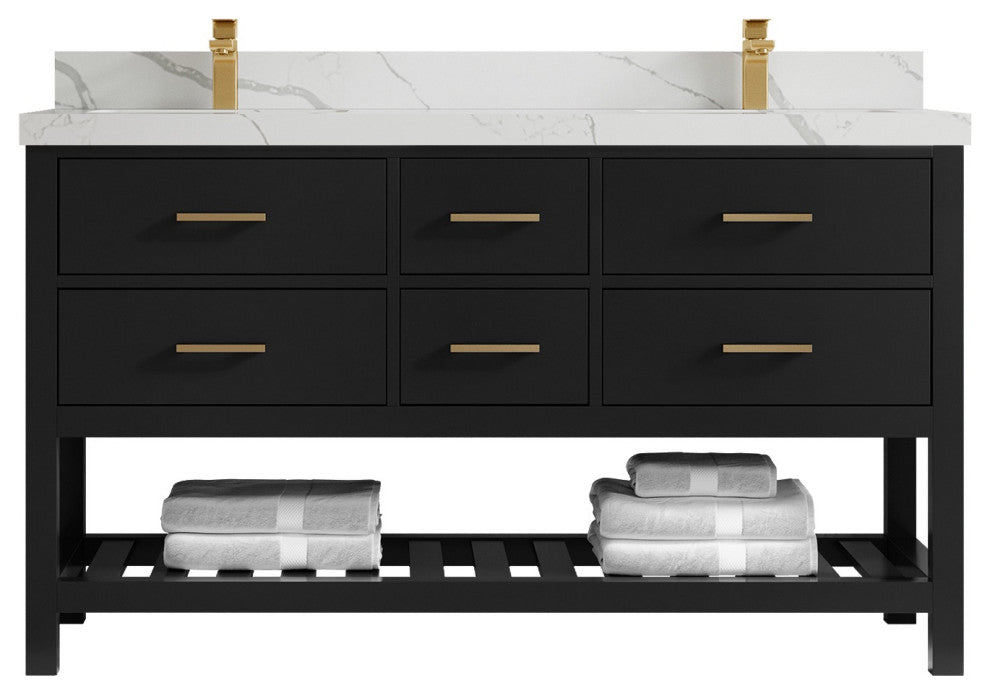 Parker 60" Double Sink Bath Vanity, Black 2" Calacatta Laza