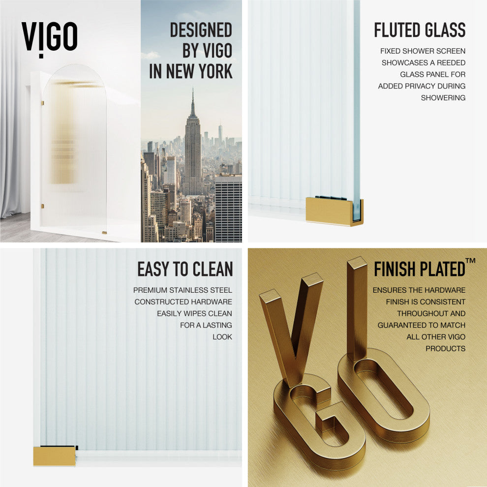 VIGO Arden 34" W x 78" H Frameless Fixed Shower Screen, Matte Brushed Gold, Fluted Glass