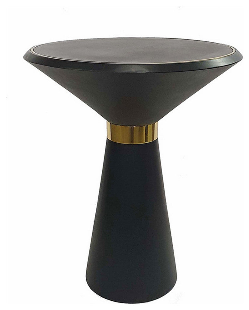 22 Inch Round Mango Wood Side Table, Smooth Brass Accents, Black Finish