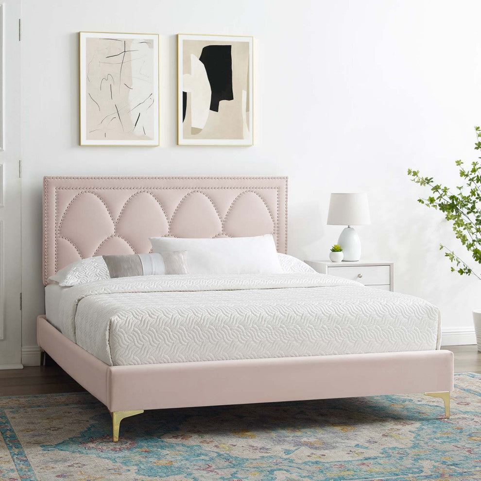 Platform Bed Frame, Nailhead, Queen Size, Pink, Velvet, Modern, Guest Suite