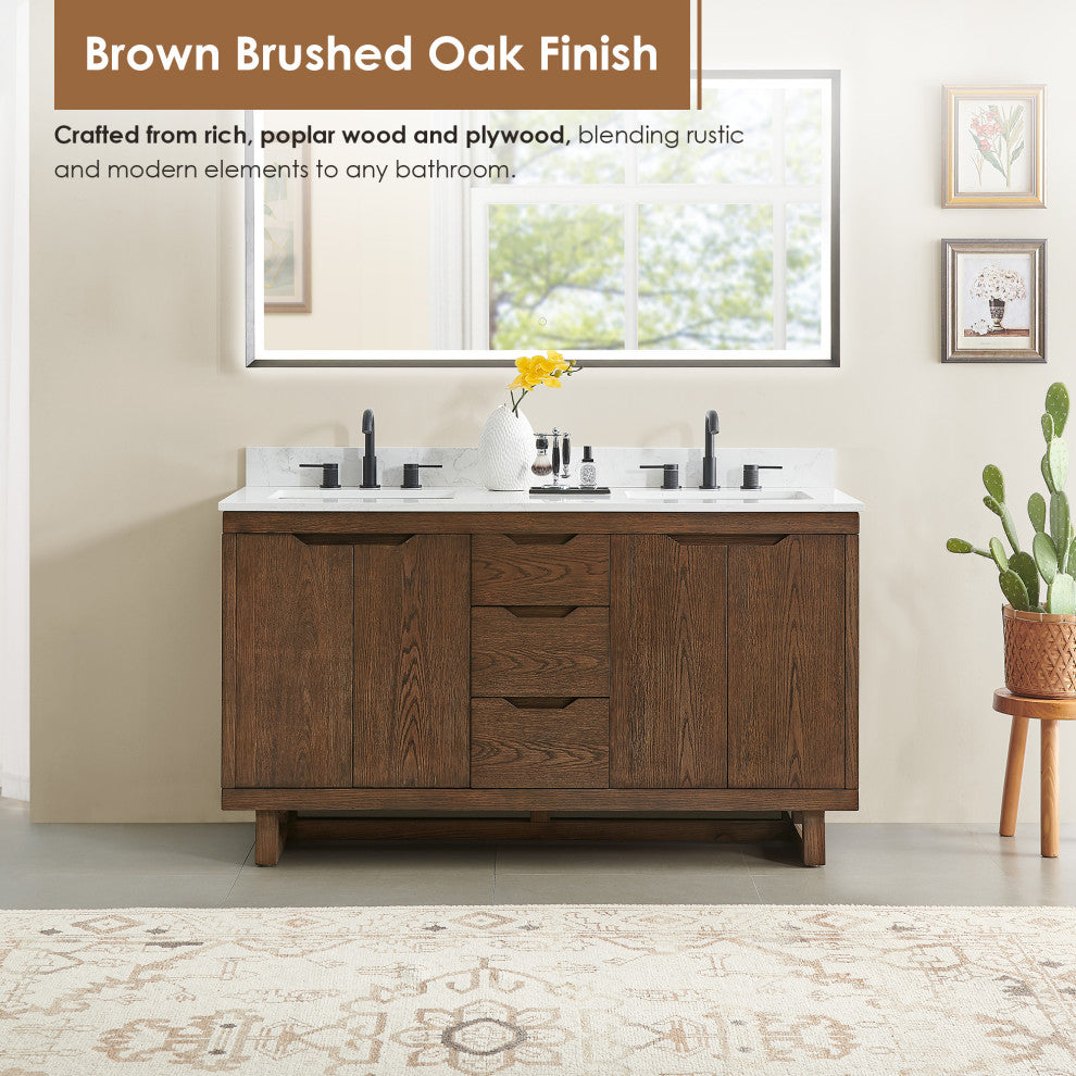 Mowry Bathroom Vanity, Brown Brushed Oak, 60", No Mirror