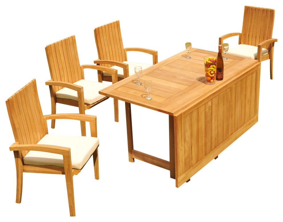 5-Piece Outdoor Teak Set: 60" Square Butterfly Table, 4 Goa Stacking Arm Chairs