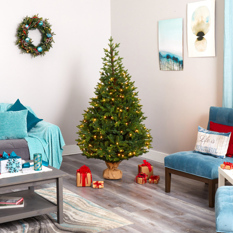 6' Fraser Fir Natural Look Faux Xmas Tree W/Lights Base & Bendable Branches