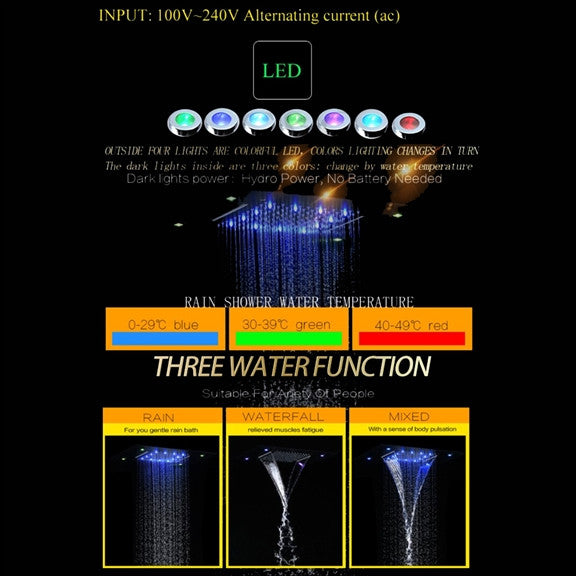 Led Waterfall Rainfall Shower System, Body Jets and Hand Shower, Chrome
