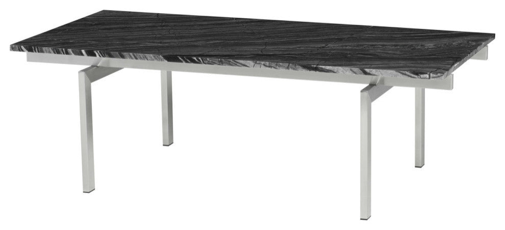 Louve Rectangle Coffee Table, Rectangular Black Marble Top, Brushed Steel Base
