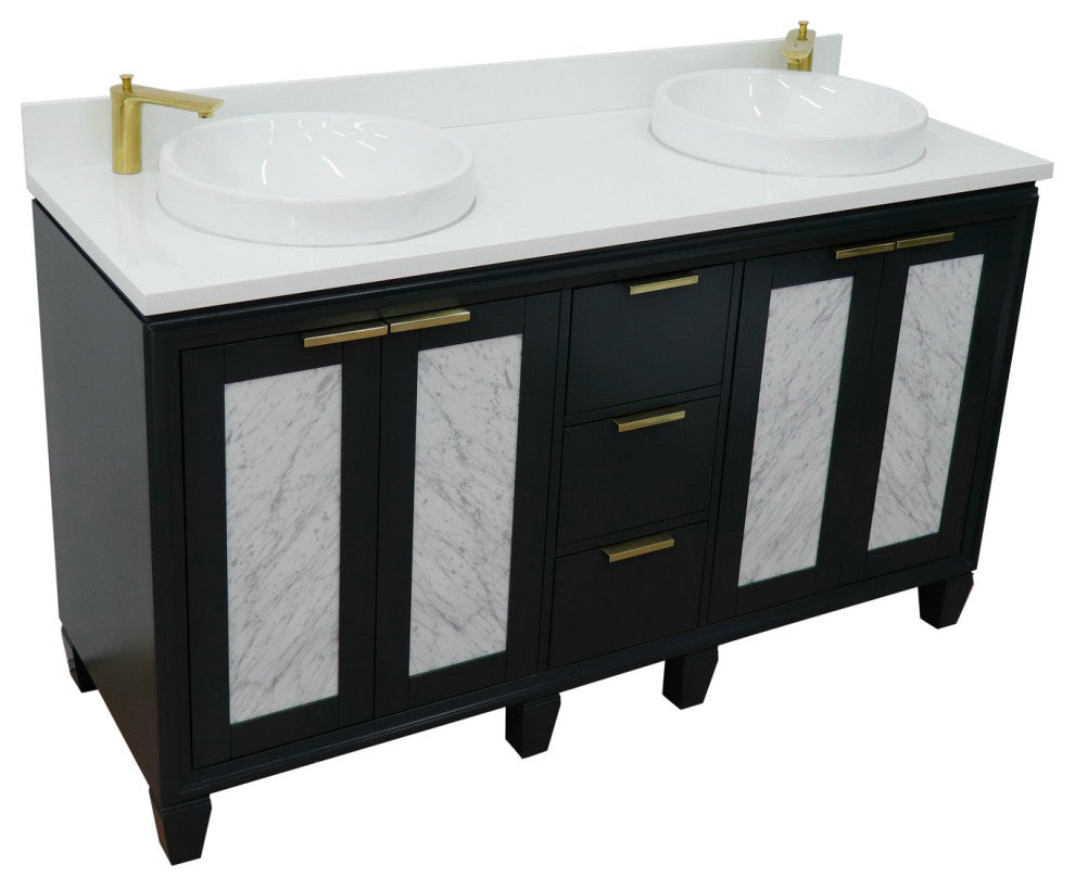 61" Double Sink Vanity, Dark Gray Finish With Engineered Stone Top, Round Sink
