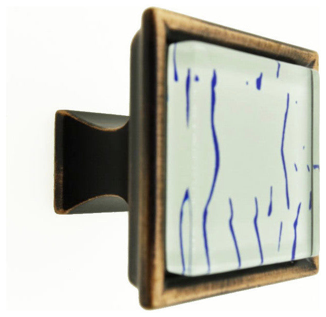 Hand Painted Abstract Blue Lines Crystal Glass Oil Rubbed Bronze Classic Knob