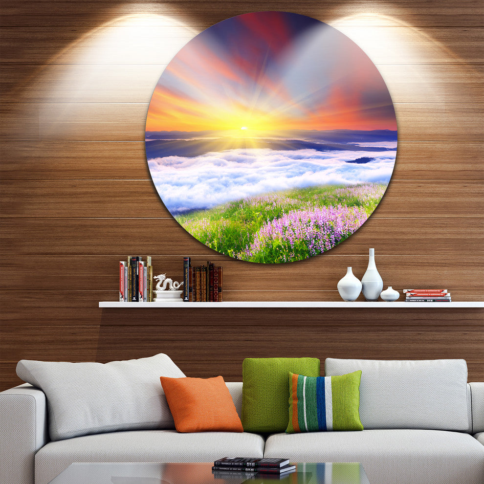 Sunrise With Blooming Flowers, Landscape Art Disc Metal Wall Art, 11"