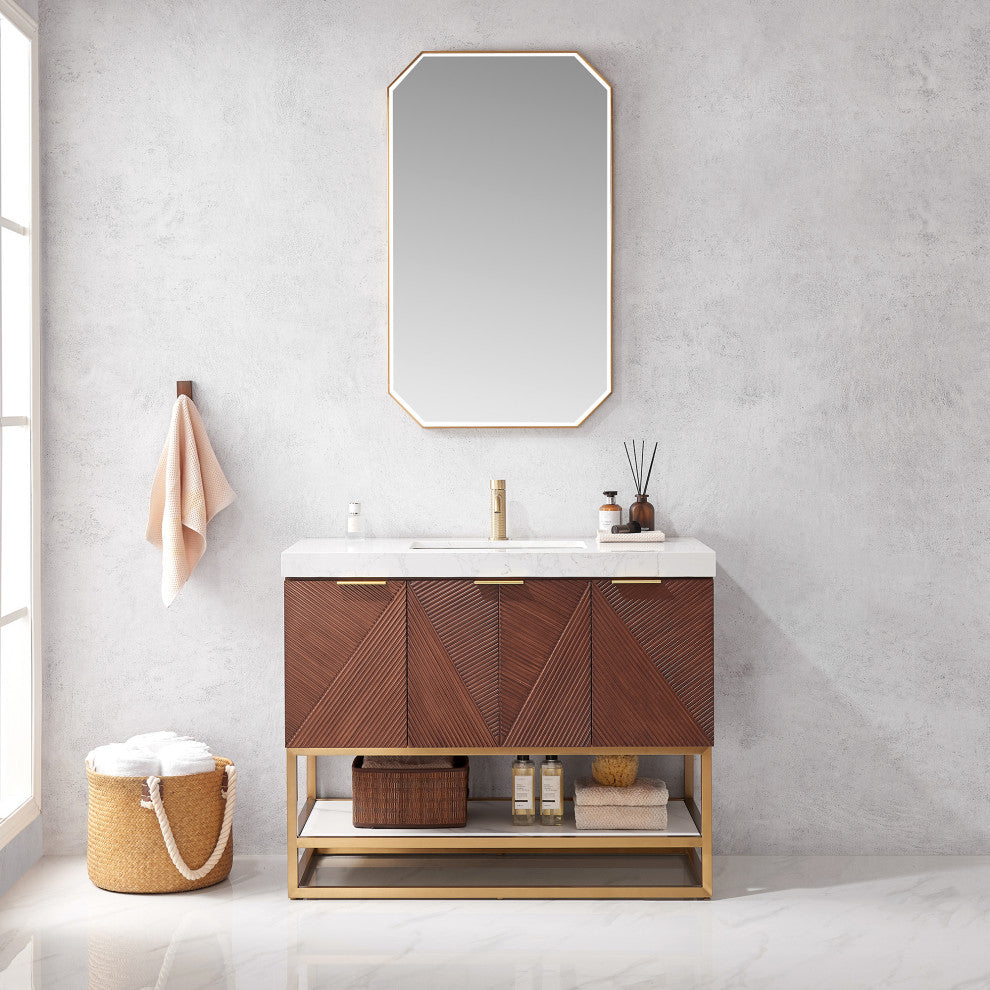 Mahon Bath Vanity, Stone Top, Brushed Gold Base, 42", Single Vanity, No Mirror