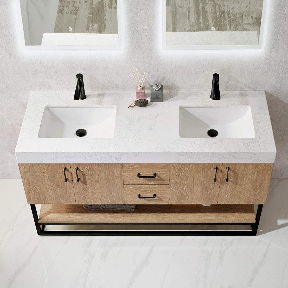 Alistair Vanity, North American Oak, Matte Black Hardware, 60" Double Sink, With Mirror