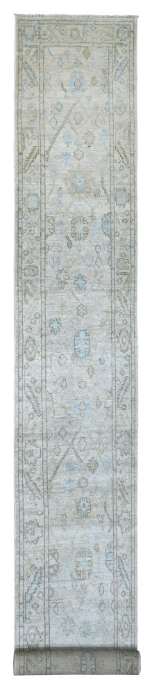 Hand Knotted Angora Oushak Afghan Runner, Serrated Leaf Border Rug, 2'6"x19'9"