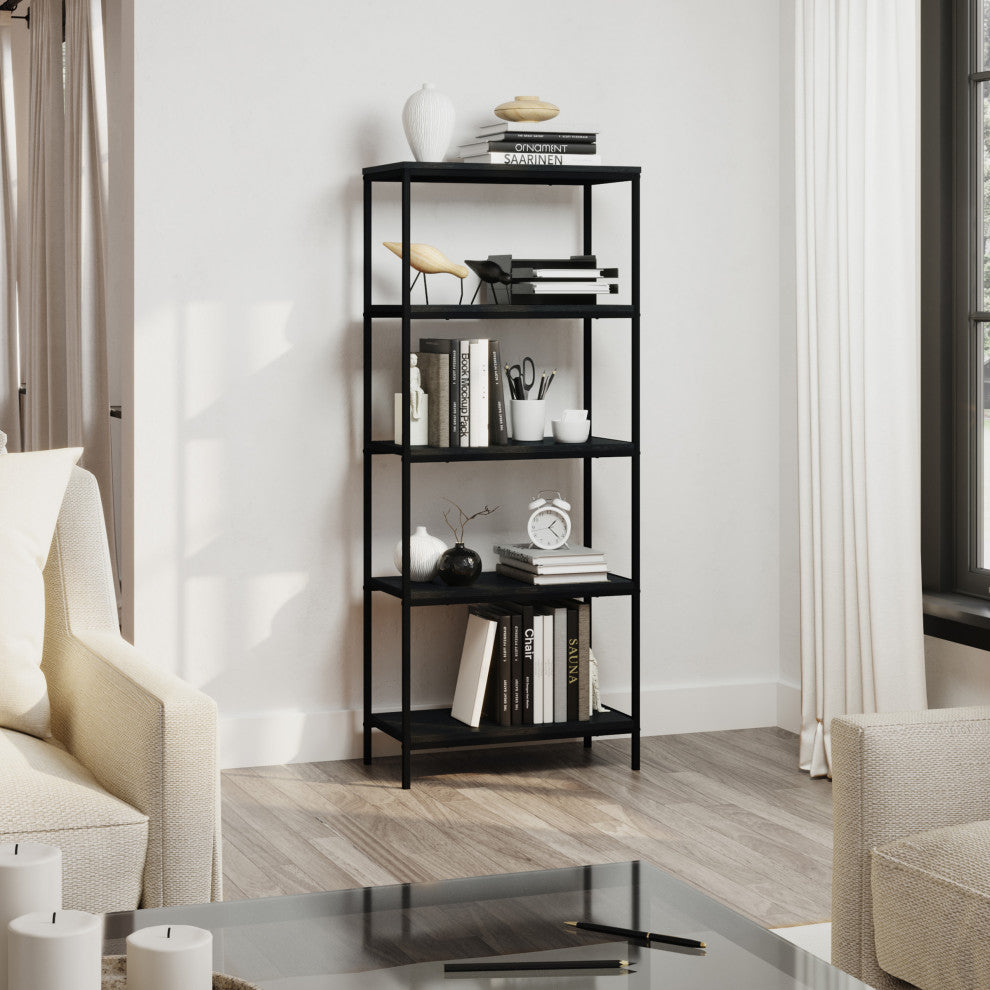 5-Tier Bookshelf Open Industrial Style Etagere Wooden Rustic Shelving Unit