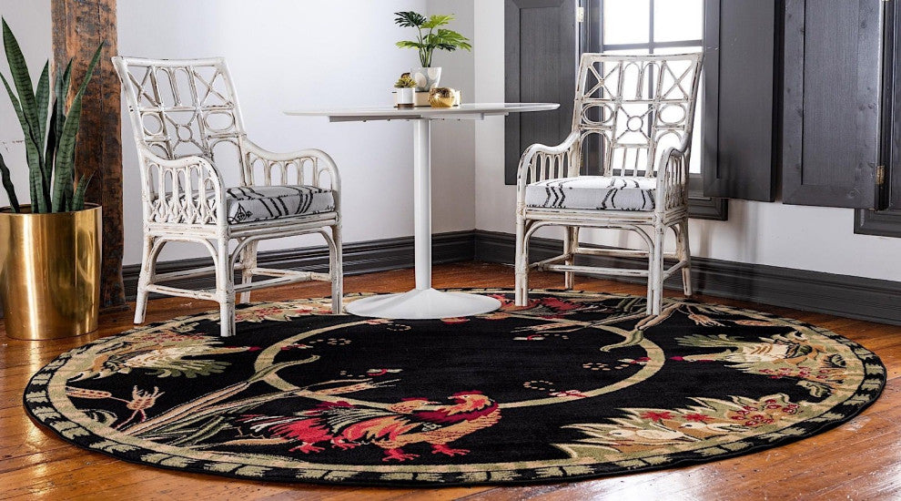 Novelty Farmland 4' Round Black Rooster Area Rug