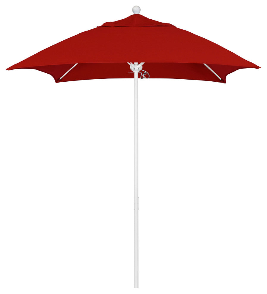 6' Square Matted White Push Lift Fiberglass Rib Aluminum Umbrella, Sunbrella, Jockey Red