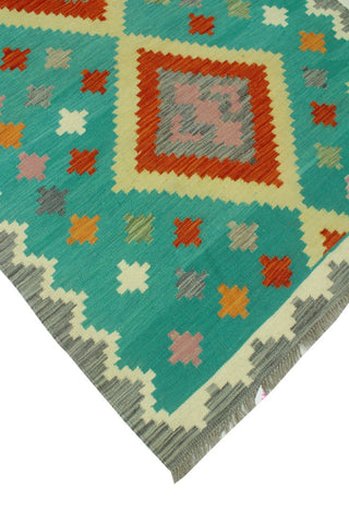 Sangat Flatweave Bachir Turquoise/Red Rug, 4'3 x 5'10