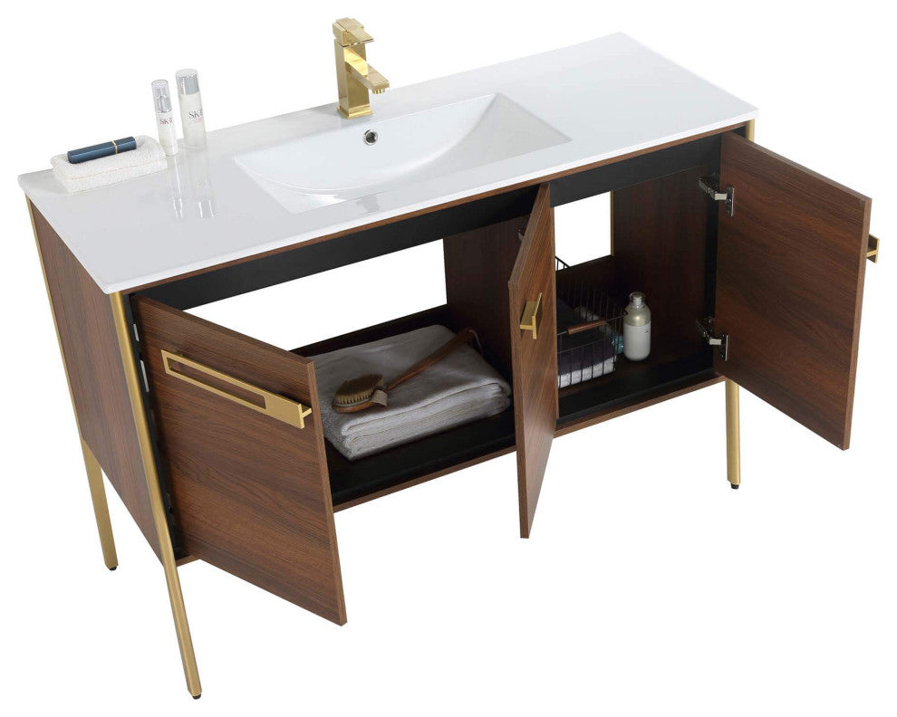Oakville Bath Vanity, Ceramic Sink, Walnut Ebony, 48 Inch, Satin Brass Hardware