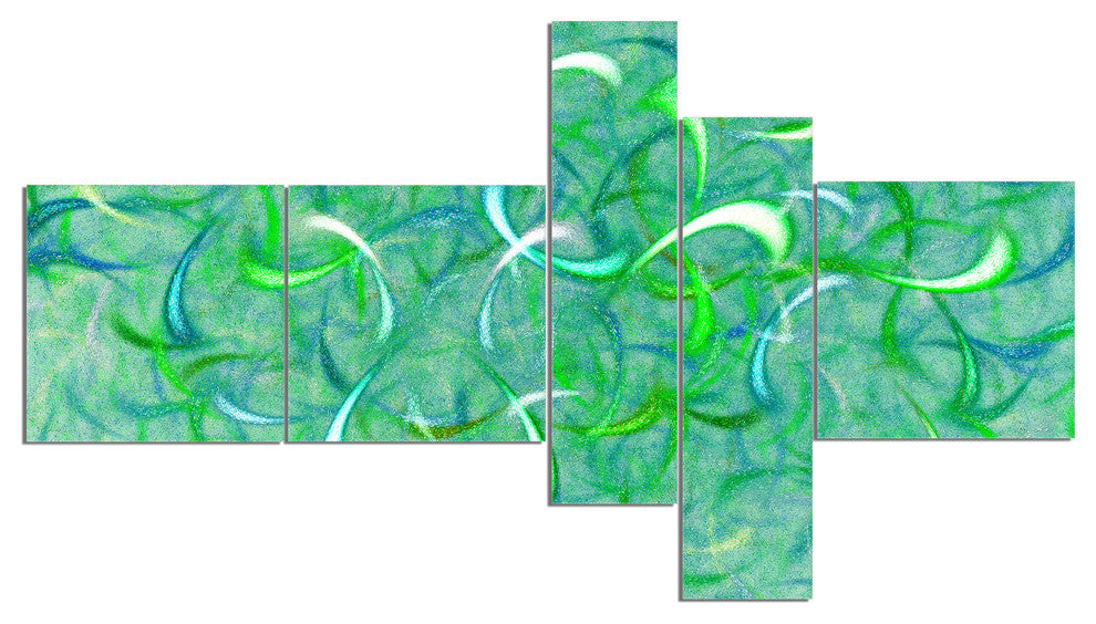 Green Watercolor Fractal Pattern, Abstract Art on Canvas, 60"x32", 5 panels