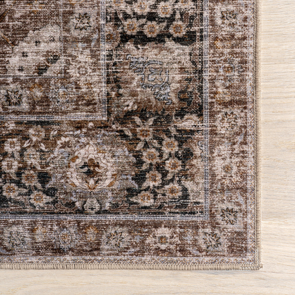 Bayberry Spill Proof Vintage Machine Washable Area Rug, Brown 3'x5'