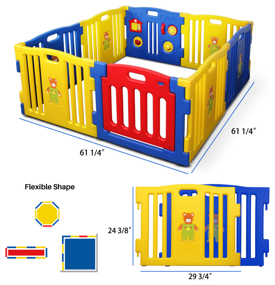 Kidzone Interactive Baby Playpen 8 Panel Safety Gate ASTM Certified, Multicolor