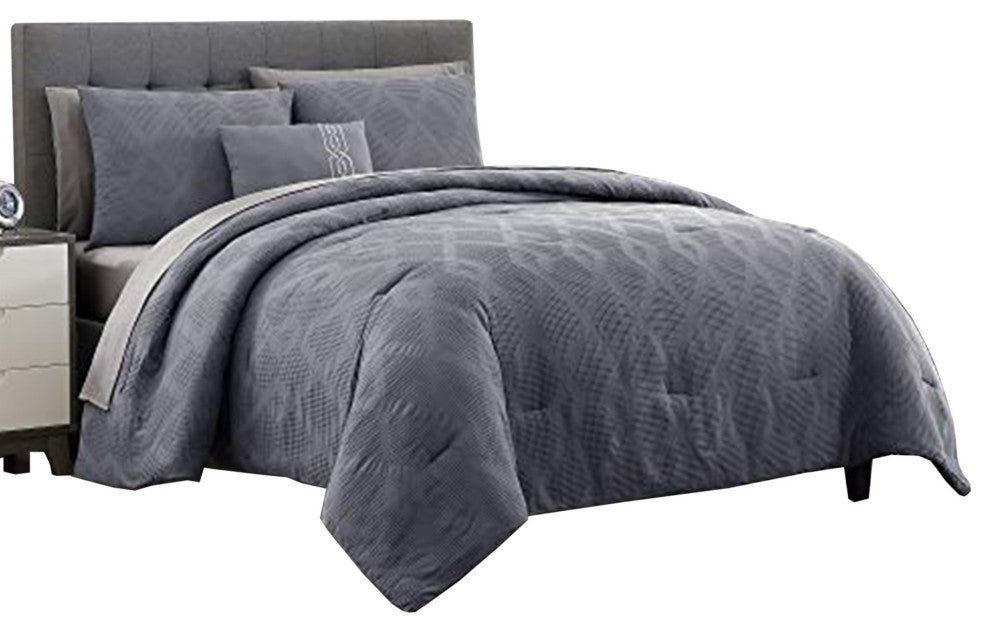 Benzara BM222820 Queen Size Comforter Set With Diamond Pattern, Gray