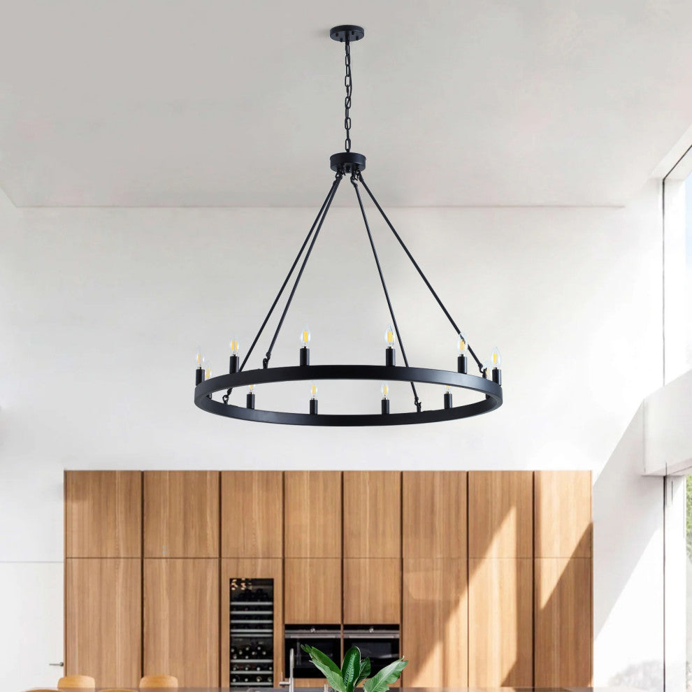 12-Light Wagon Wheel Black Pendant Chandelier