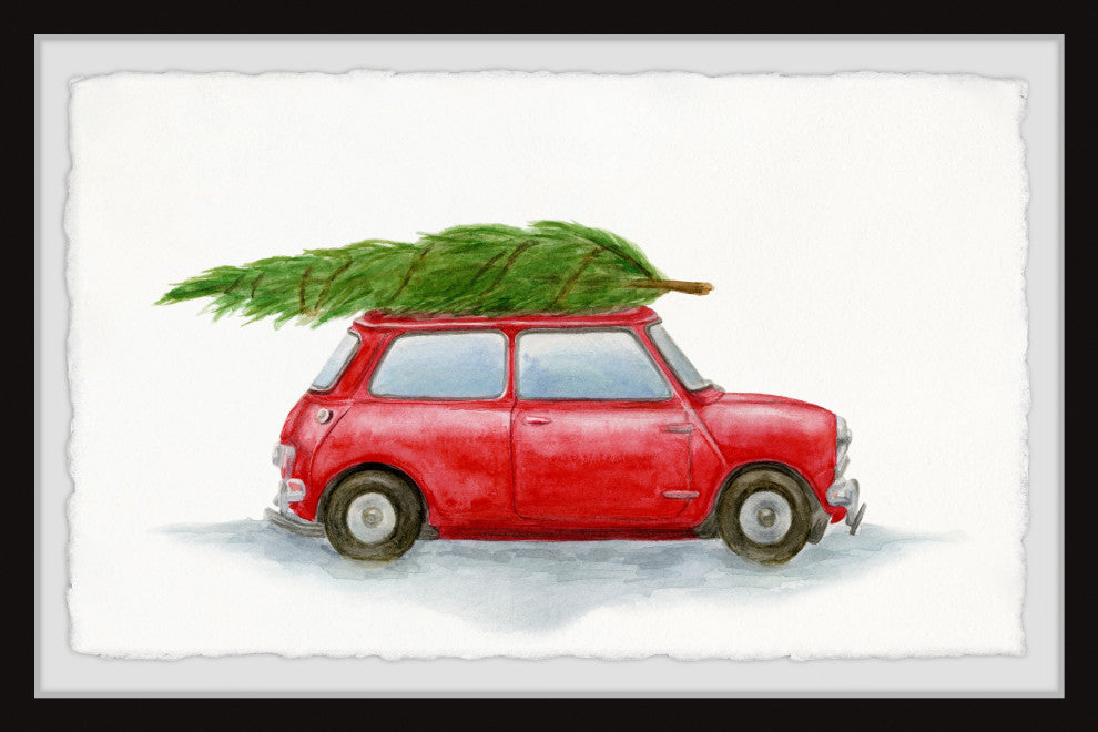 "Red Car With Green Pine" Framed Painting Print, 36x24