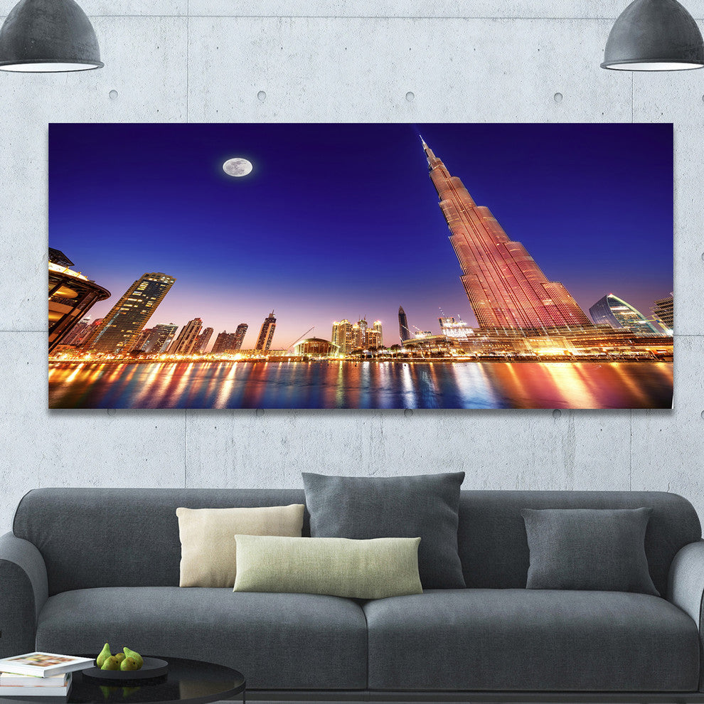 Burj Khalifa Night Landscape, Large Cityscape Canvas Art Print, 60"x28"
