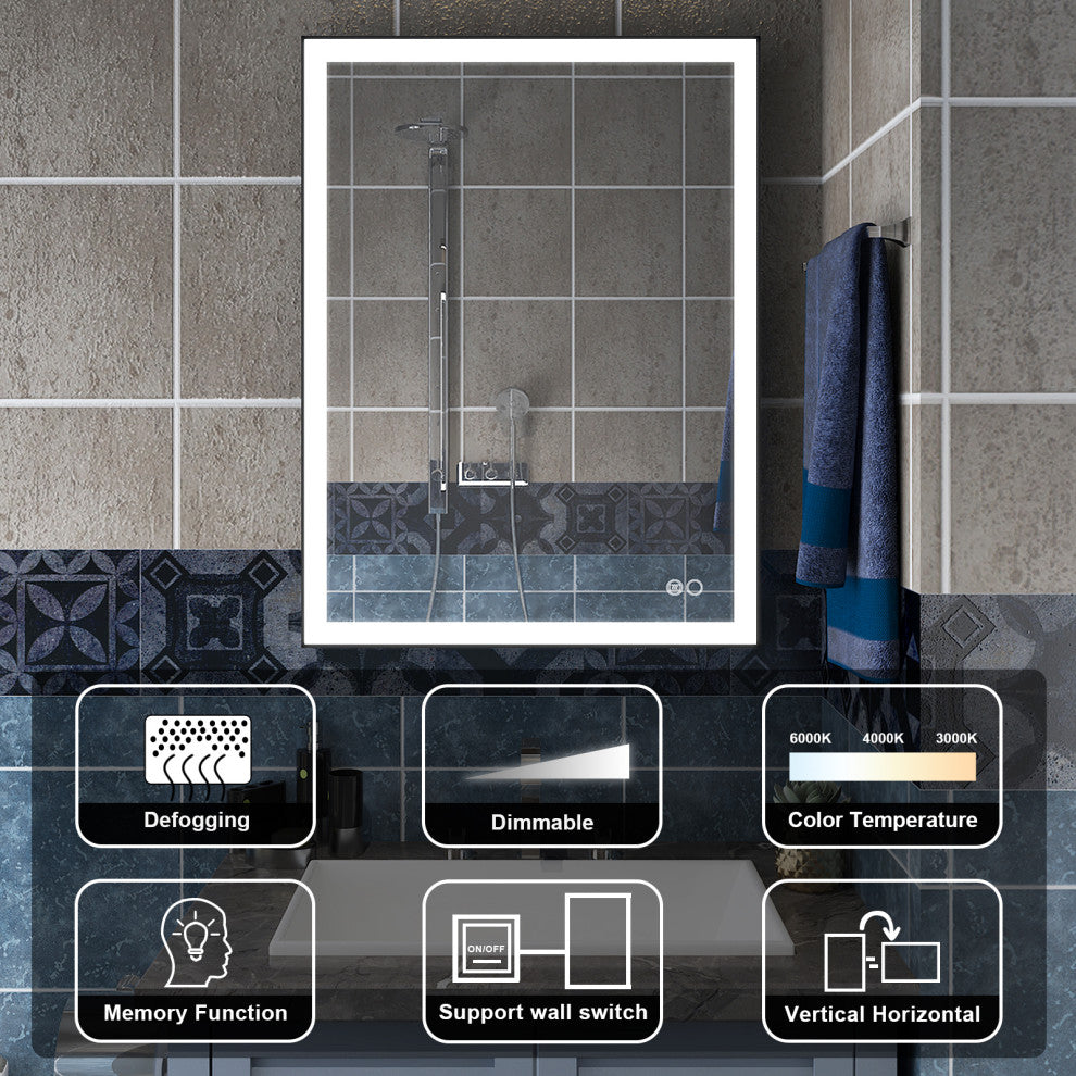 Framed LED Lighted Bathroom Vanity Mirror With Defogger, Matte Black, 24"x32"