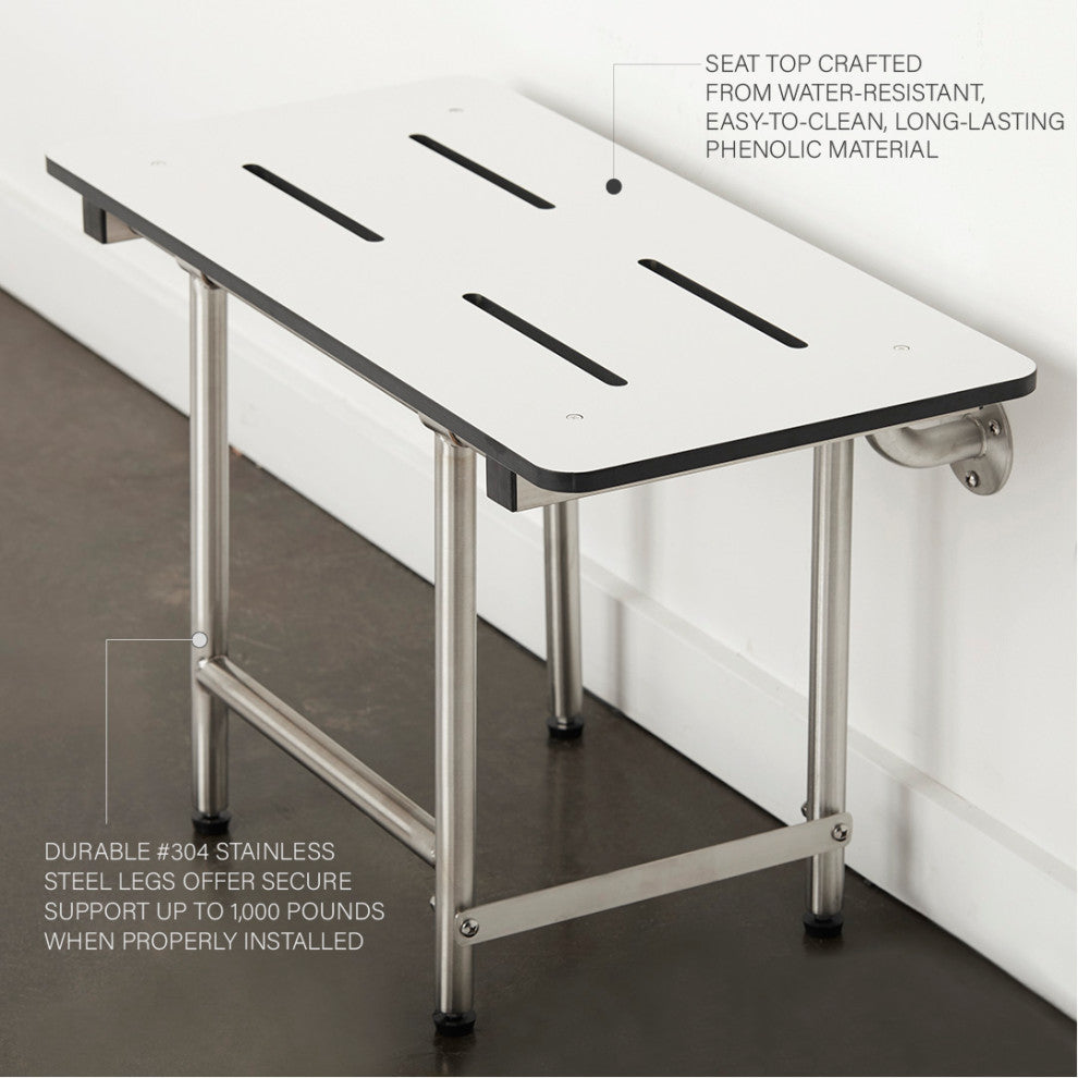 Folding Wall Mount Bench Shower Seat with Legs, White, 24-Inch