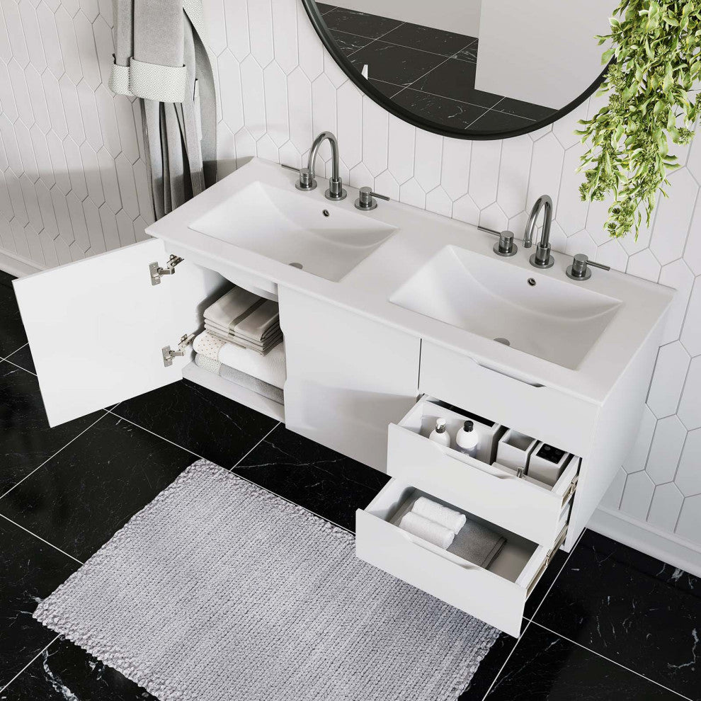 Double Sink Vanity Cabinet, White, Ceramic, Melamine, Modern, Hotel Bathroom