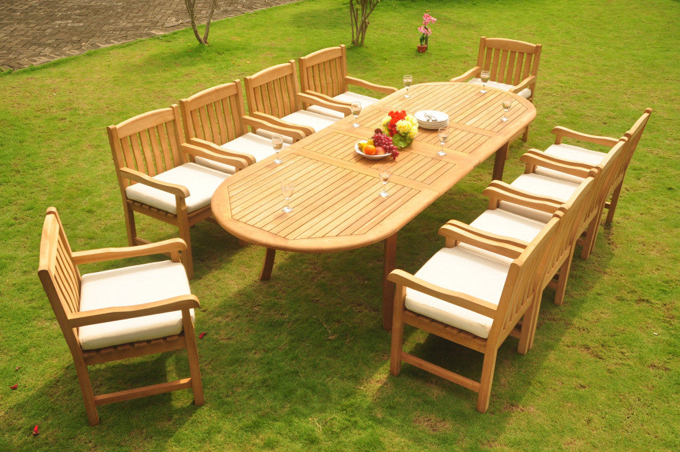 11-Piece Outdoor Teak Dining Set, 117" Extension Oval Table, 10 Devon Arm Chairs