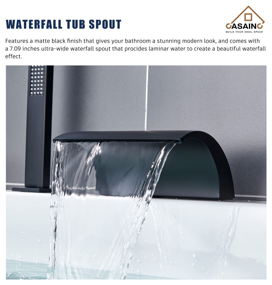 CASAINC Roman Tub Luxury Waterfall Faucet Set Spout w Hand Shower, Matte Black