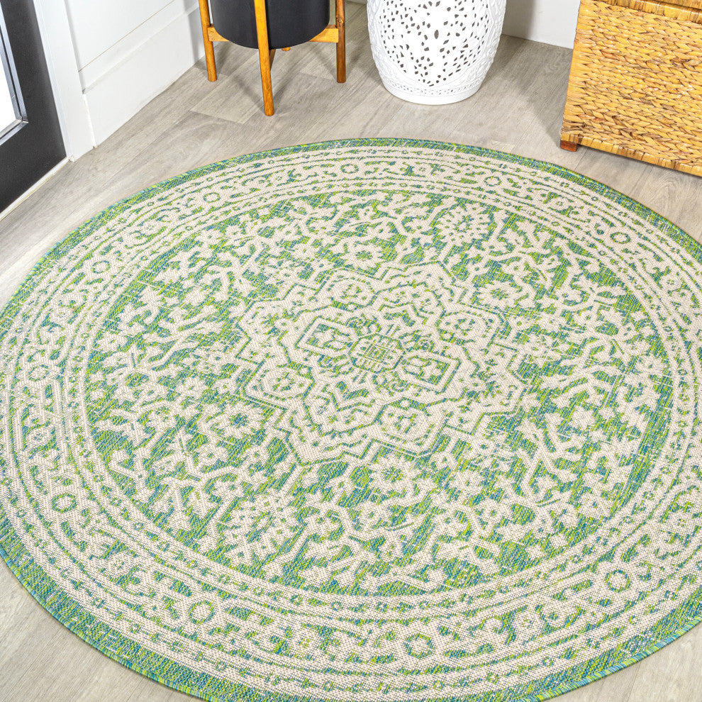 Sinjuri Medallion Textured Weave Indoor/Outdoor, Cream/Green, 5' Round