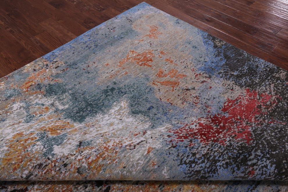 9' 1" X 12' 1" Wool and Silk Abstract Hand-Knotted Rug Q8868