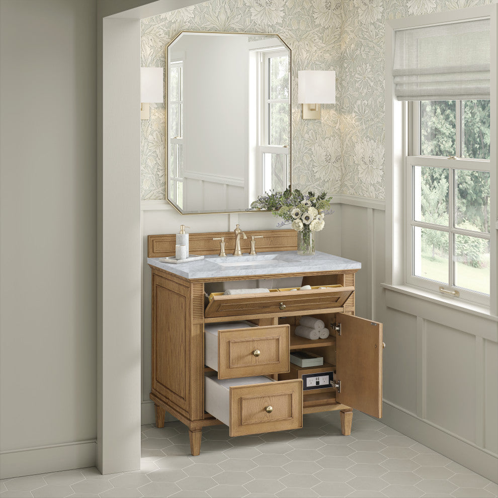 Lorelai 36" Single Vanity, Light Natural Oak, 3 CM Carrara White Marble Top