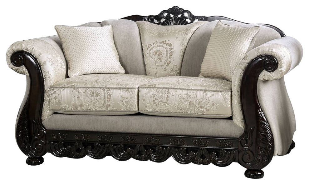 Chenille Love Seat with Wood Trim Design, Ivory